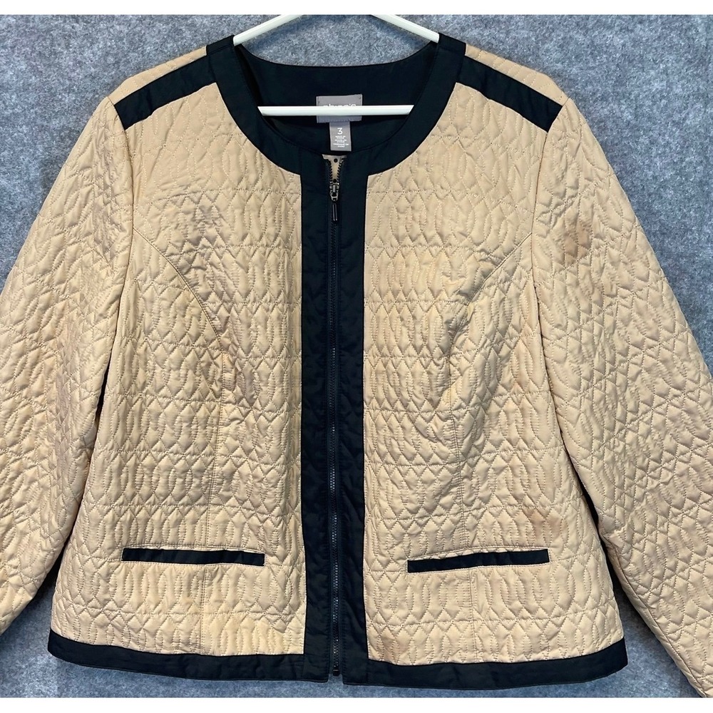 CHICO'S 3 Quilted Jacket Women XL Tan Black Zip Up Leaf Pattern Polka Dot Lining